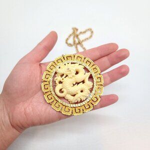 Hattie Carnegie White Dragon Medallion Necklace Goldtone Chinese export inspired
